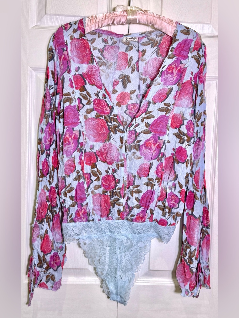 Intimately Free People Floral Rose Lace Trim Long Sleeve Thong Bodysuit Sz Small